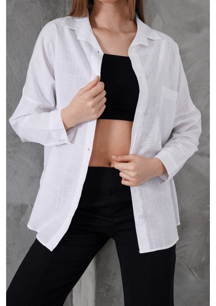 Kadın London Keten Tek Cepli Oversize Gömlek, Premium Kalite Keten Gömlek