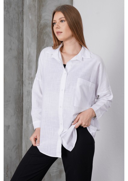 Kadın London Keten Tek Cepli Oversize Gömlek, Premium Kalite Keten Gömlek