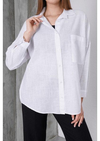 Kadın London Keten Tek Cepli Oversize Gömlek, Premium Kalite Keten Gömlek