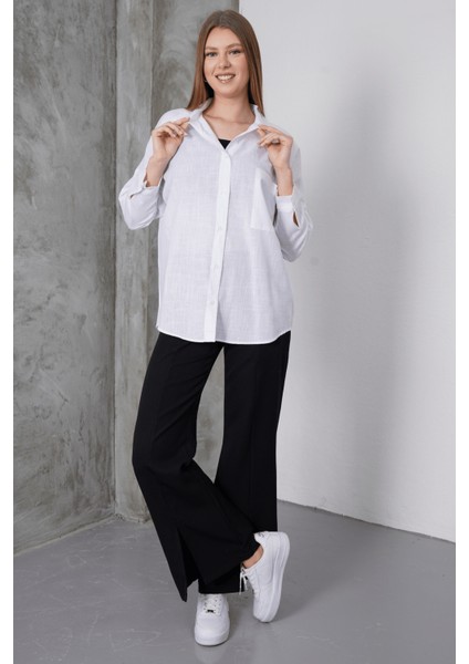 Kadın London Keten Tek Cepli Oversize Gömlek, Premium Kalite Keten Gömlek