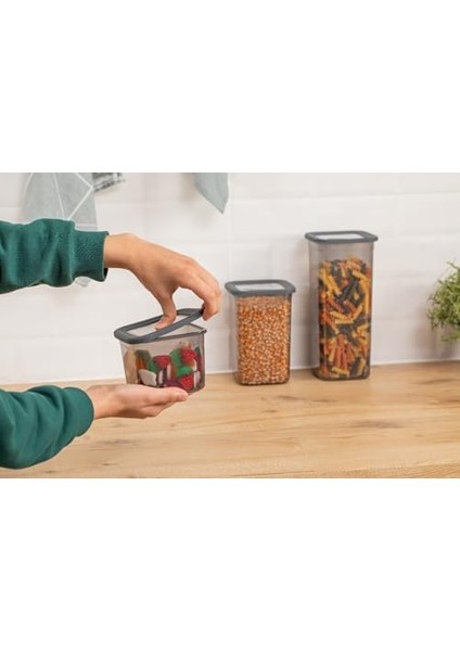 3'lü Set Sızdırmaz Kapaklı Kare Erzak Saklama Kabı 650ML - 1300ML - 1900ML Antrasit