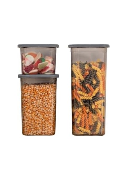 3'lü Set Sızdırmaz Kapaklı Kare Erzak Saklama Kabı 650ML - 1300ML - 1900ML Antrasit