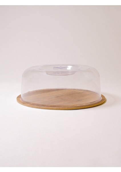 Chef Yuvarlak Ahşap Standlı Plastik Kapaklı Kek Fanusu