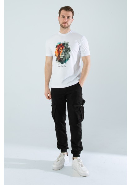 Unisex Slim Fit Kesim Aslan Dijital Baskılı Pamuklu Likralı Kısa Kol T-Shirt