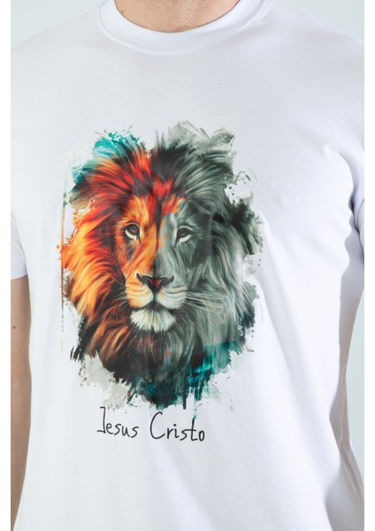 Unisex Slim Fit Kesim Aslan Dijital Baskılı Pamuklu Likralı Kısa Kol T-Shirt