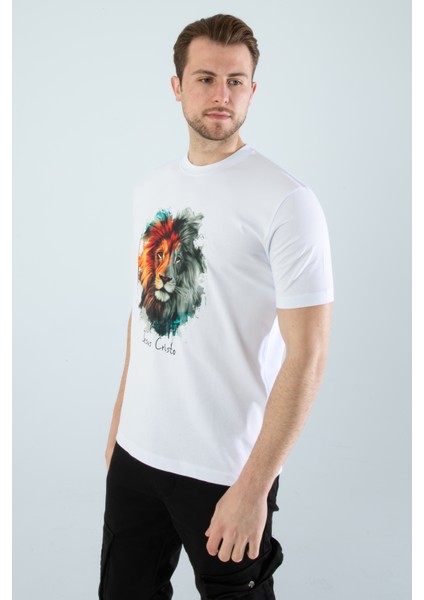 Unisex Slim Fit Kesim Aslan Dijital Baskılı Pamuklu Likralı Kısa Kol T-Shirt