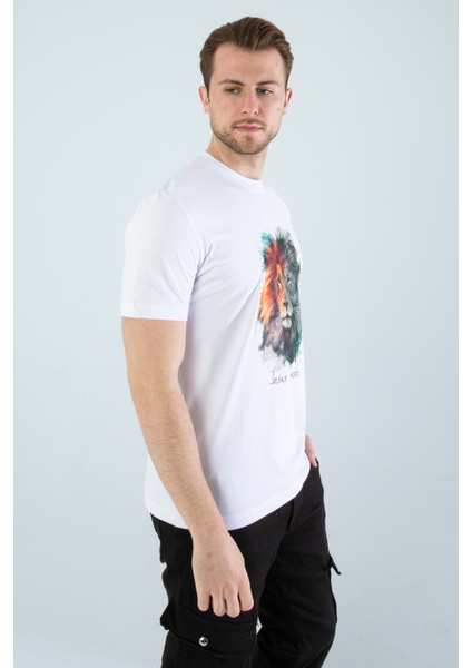 Unisex Slim Fit Kesim Aslan Dijital Baskılı Pamuklu Likralı Kısa Kol T-Shirt