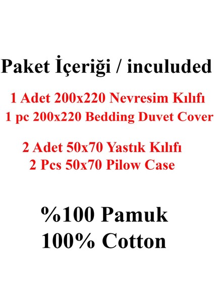 Pamuklu Çift Kişilik Nevresim Kılıfı + 2 Yastık Kılıfı 3 Parça