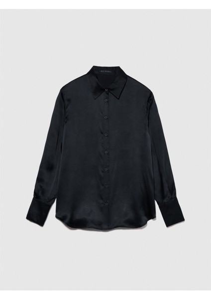 %100 Ipek Arkası Uzun Regular Fit Gömlek Kadın Siyah Gömlek - 324P5Q6WLQ05E