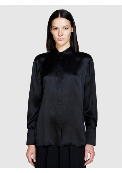 %100 Ipek Arkası Uzun Regular Fit Gömlek Kadın Siyah Gömlek - 324P5Q6WLQ05E