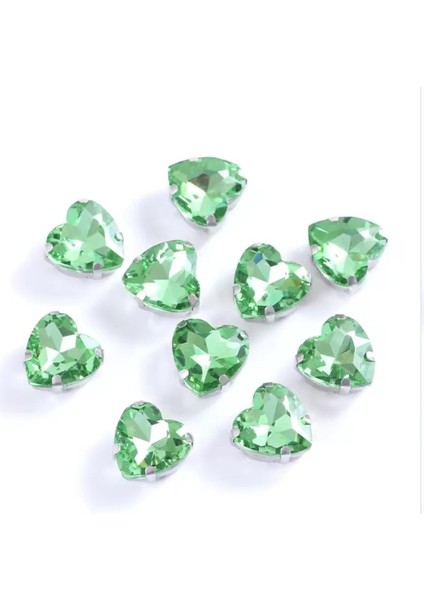 8 mm Kasalı Dikme Açık Yeşil Cam Kalp Taş 10 Adet