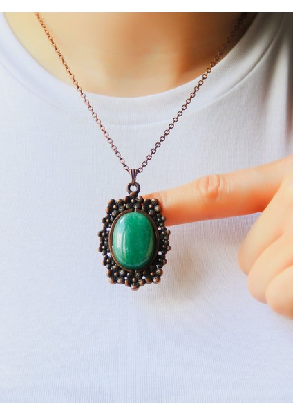 Doğal Taş Yeşil Akik Doğal Taşlı Çiçek Desenli Otantik Kadın Kolye 45 cm Zincirli EUK31YA