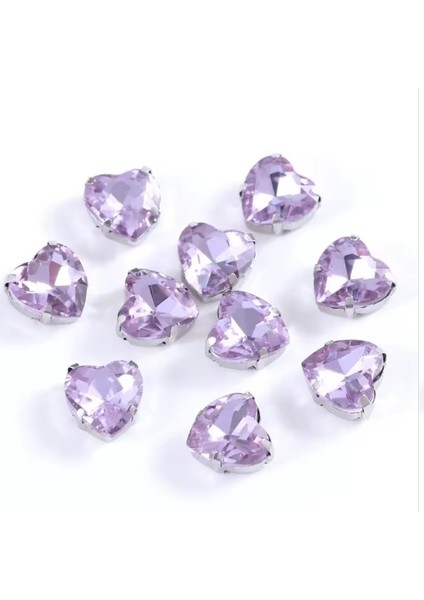 10 mm Kasalı Dikme Lila Cam Kalp Taş 10 Adet