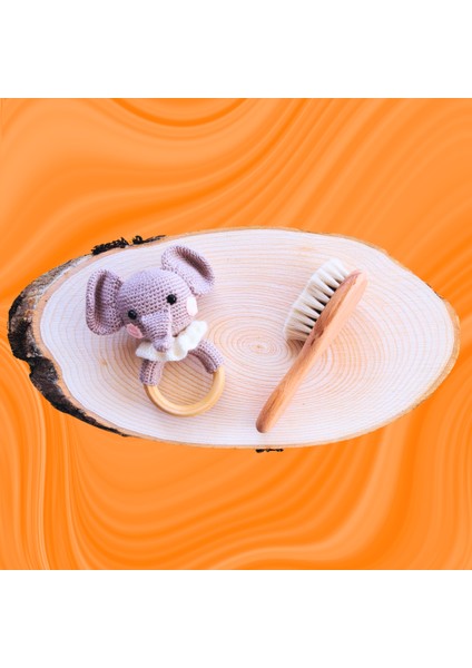 Amigurimi Fil Çıngırak&keçi Kılı Ahşap Bebek Tarağı Set