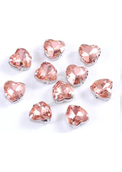 10 mm Kasalı Dikme Şeftali Cam Kalp Taş 10 Adet
