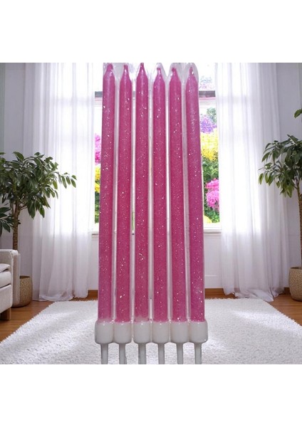 6 Adet Parlak Simli Pembe Mum 17 cm Simli Pembe Pasta Mumu Simli Pembe Doğum Günü Mumu