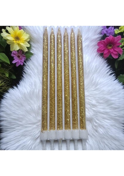 6 Adet Parlak Simli Gold Mum 17 cm Simli Gold Pasta Mumu Simli Gold Doğum Günü Mumu