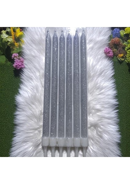 6 Adet Parlak Simli Gümüş Mum 17 cm Simli Gümüş Pasta Mumu Simli Gümüş Doğum Günü Mumu