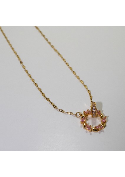 Ayna Zincirli, Pembe Zirkon Taşlı, Çift Halkalı Çelik Kadın Kolye