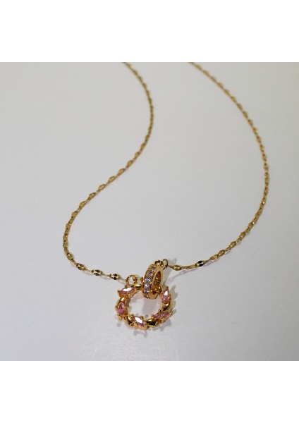 Ayna Zincirli, Pembe Zirkon Taşlı, Çift Halkalı Çelik Kadın Kolye
