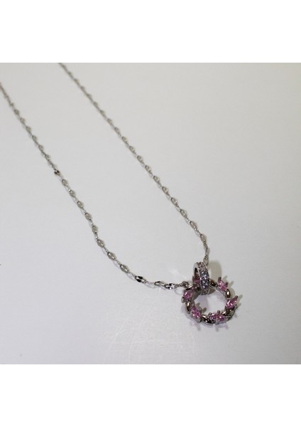 Ayna Zincirli, Pembe Zirkon Taşlı, Çift Halkalı Çelik Kadın Kolye