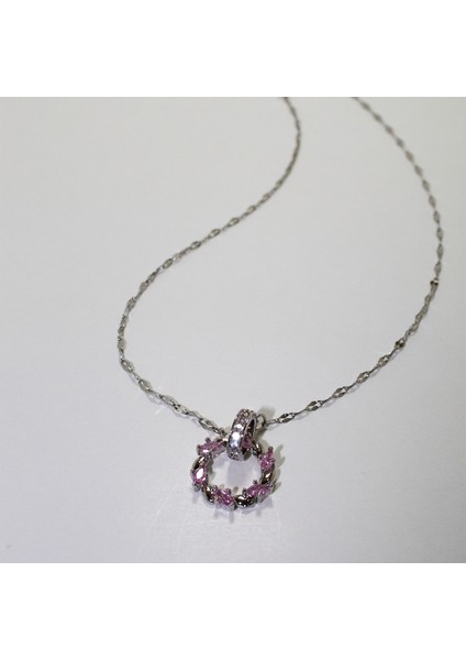 Ayna Zincirli, Pembe Zirkon Taşlı, Çift Halkalı Çelik Kadın Kolye