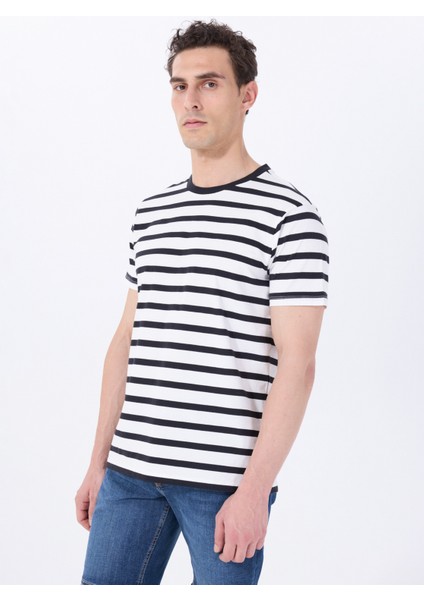 Bisiklet Yaka Çizgili Siyah - Beyaz Erkek T-Shirt M5SM-TST1405