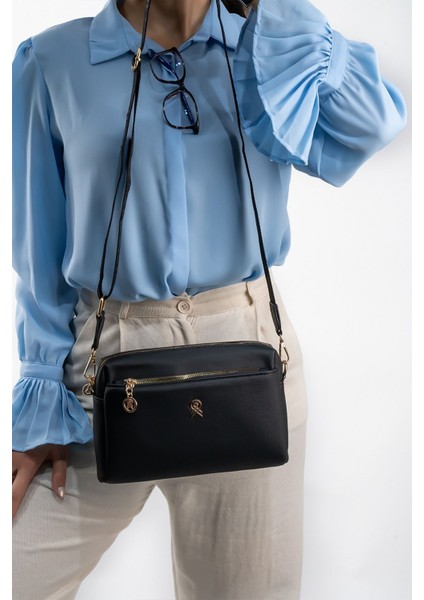 Kadın Siyah 3 Bölmeli Astarlı Ayarlanabilir Kolon Askılı Çapraz Omuz Çantası indirimleri