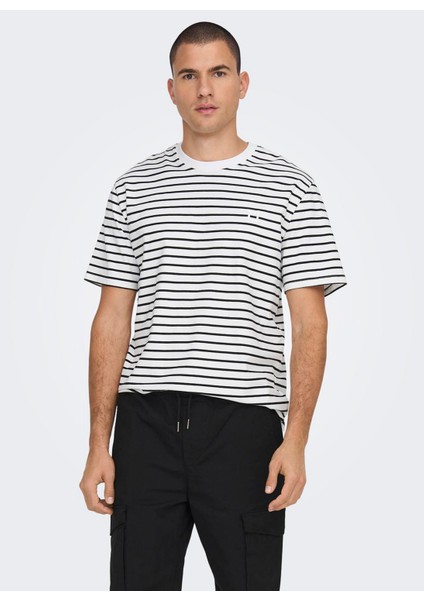 O Yaka Çizgili Açık Beyaz Erkek T-Shirt Onshenry Reg Strıpe Ss Tee Noos