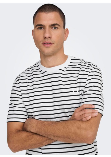 O Yaka Çizgili Açık Beyaz Erkek T-Shirt Onshenry Reg Strıpe Ss Tee Noos