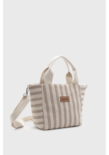Kadın Çizgili Mini Keten Tote Çanta