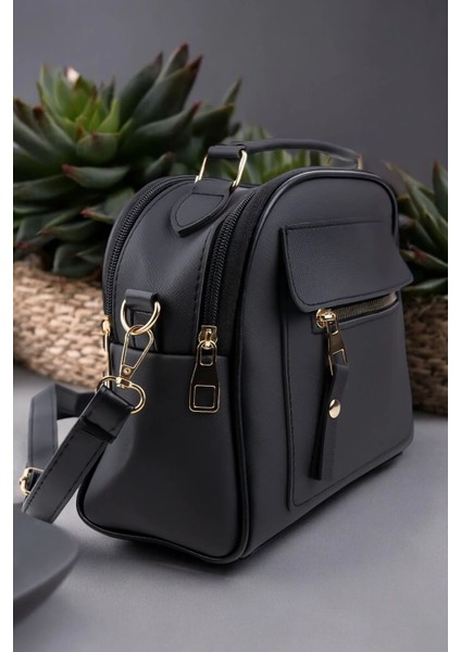 Kadın Siyah Lacost Deri 3 Bölmeli Ayarlanabilir Askılı El Ve Omuz Çanta