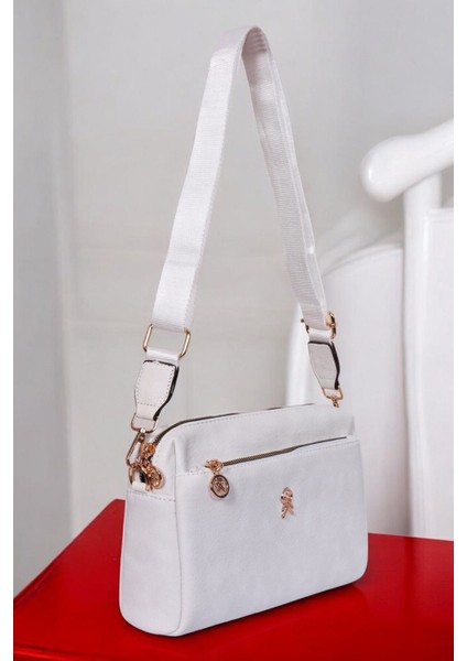 Kadın Beyaz 3 Bölmeli Astarlı Ayarlanabilir Kolon Askılı Çapraz Omuz Çantası