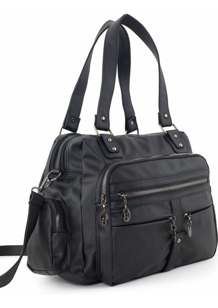 Samılon Kadın Siyah Yıkama Deri Çok Gözlü Omuz Ve Kol Çantası