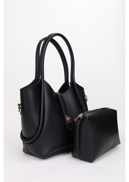 Siyah Kilit Detaylı Makyaj Çantalı Uzun Askılı Kadın El Omuz Ve Çapraz Çanta