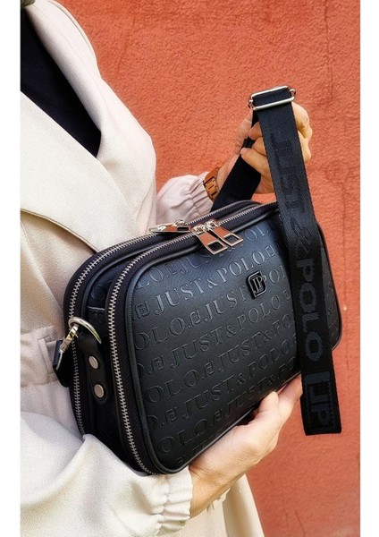 Justpolo Kadın Siyah 5 Bölmeli Ayarlanabilir Uzun Askılı Omuz Çantası Postacı Çantası