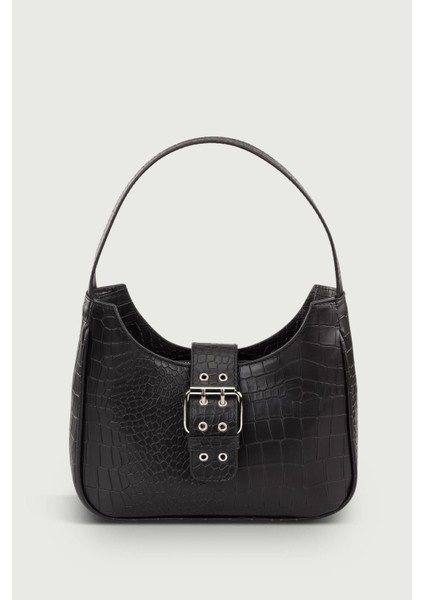 Kadın Siyah Tokalı Timsah Desenli Baguette Çanta 209