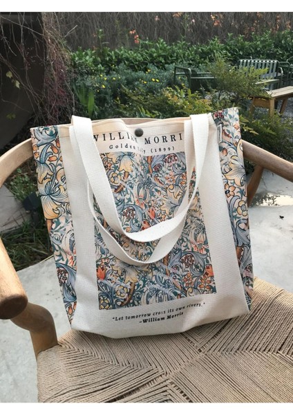 William Morris Kanvas Bez Çanta Yıkanabilir Metal Çıtçıtlı Cepli