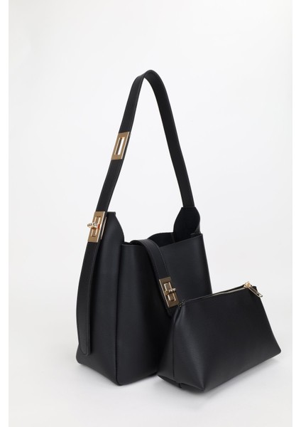 Kadın Siyah Gold Kilit Detay Aksesuarlı Ayarlanabilir Kilit Askılı El Kol Ve Omuz Çantası