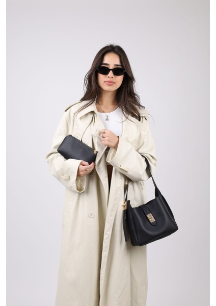 Kadın Siyah Gold Kilit Detay Aksesuarlı Ayarlanabilir Kilit Askılı El Kol Ve Omuz Çantası modelleri