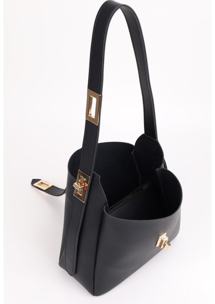 Kadın Siyah Gold Kilit Detay Aksesuarlı Ayarlanabilir Kilit Askılı El Kol Ve Omuz Çantası indirimleri