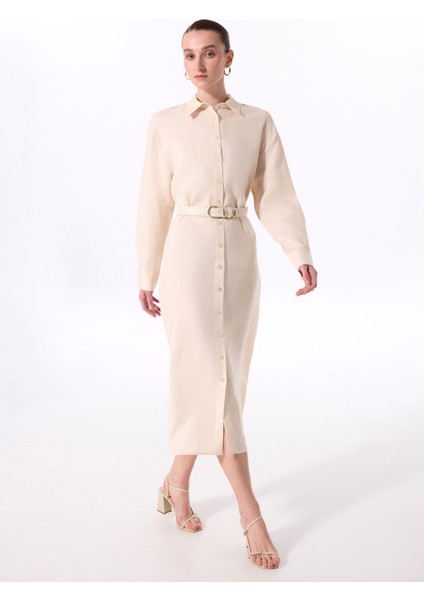 Bej Kadın Gömlek Yaka Rahat Kalıp Elbise FC5SL-ELB0266