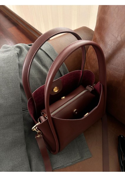 Kadın Üç Bölmeli Özel Tasarım Çıkarılabilir Makyaj Çantalı Bordo Deri El Ve Omuz Çantası Rain fırsatları