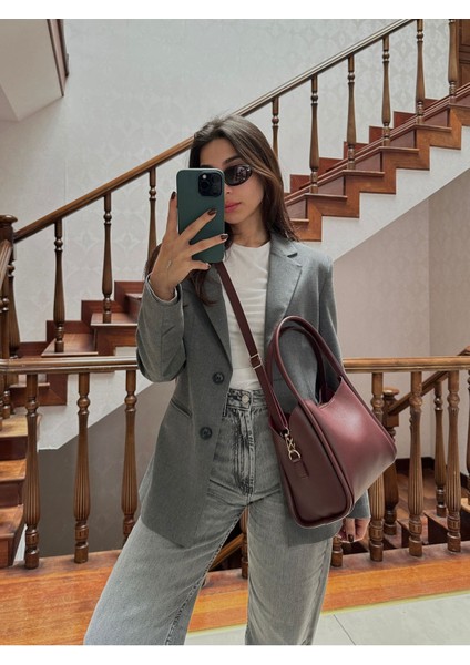 Kadın Üç Bölmeli Özel Tasarım Çıkarılabilir Makyaj Çantalı Bordo Deri El Ve Omuz Çantası Rain indirimleri