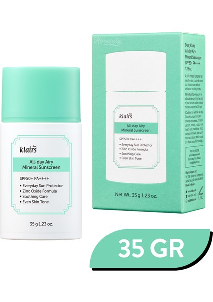All-Day Airy Mineral Sunscreen Spf 50+ Pa++++ (Ultra Hafif Dokulu Çinko Oksitli Leke Karşıtı Mineral Güneş Kremi) 35 gr