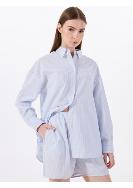 Loose Fit Gömlek Yaka Çizgili Mavi - Beyaz Kadın Gömlek M5SL-GML1695
