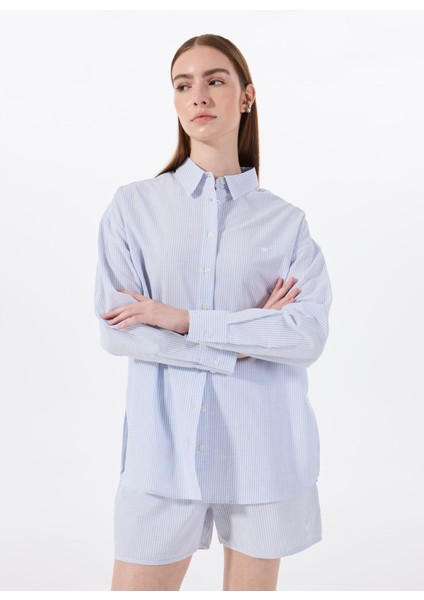 Loose Fit Gömlek Yaka Çizgili Mavi - Beyaz Kadın Gömlek M5SL-GML1695 fiyatları