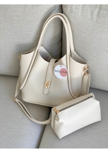 Yavru Çanta Ekstralı Önü Kilit Detaylı Krem Kadın Omuz Çantası