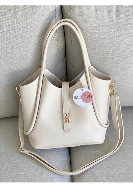 Yavru Çanta Ekstralı Önü Kilit Detaylı Krem Kadın Omuz Çantası modelleri