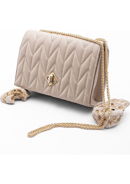 Std Kadın Altın Renkli Zincirli Omuz Çantası Delbin Vizon Klasik